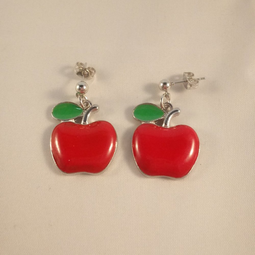 Silver Red Apple Drop Dangle Stud Earrings New Handpainted Festive Party Gift - Picture 2 of 2